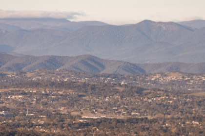 landscape shot of Canberra and surrounding hills.